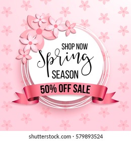 Spring season sale offer, banner template. Pink ribbon with lettering and flower, isolated on pink background. Feminine sale tag. Shop market poster design. Vector illustration. Elegant luxury design.