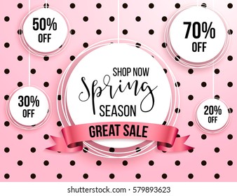Spring season sale offer, banner template. Pink ribbon with lettering, isolated on pink dotted background. Feminine sale tag. Shop market poster design. Vector illustration.  Elegant luxury design.