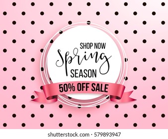 Spring season sale offer, banner template. Pink ribbon with lettering, isolated on pink background with dot. Feminine sale tags. Shop market poster design. Vector illustration.  Elegant luxury design