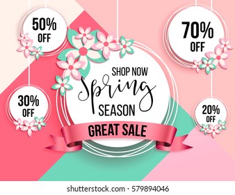 Spring season sale offer, banner template. Pink ribbon with lettering, isolated on pink background with roses. Feminine sale tag. Shop market poster design. Vector illustration. Elegant luxury design