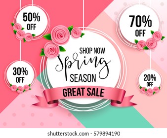 Spring season sale offer, banner template. Pink ribbon with lettering, isolated on pink background with roses. Feminine sale tag. Shop market poster design. Vector illustration. Elegant luxury design.