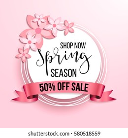 Spring season sale offer, banner template. Pink ribbon with lettering and flower, isolated on pink background. Feminine sale tag. Shop market poster design. Vector illustration.