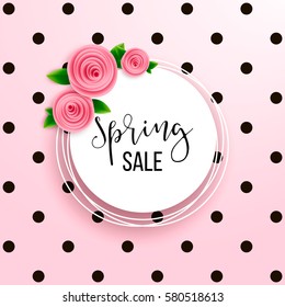 Spring season sale offer, banner template. Pink ribbon with lettering and flower, isolated on pink dotted background. Feminine sale tag. Shop market poster design. Vector illustration.