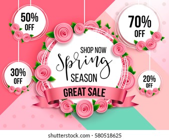 Spring season sale offer, banner template. Pink ribbon with lettering and flower, roses, isolated on pink striped background. Feminine sale tag. Shop market poster design. Vector illustration.