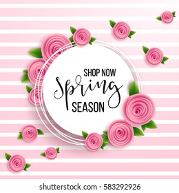 Spring season sale offer, banner template. Pink ribbon with lettering, isolated on pink dotted background. Feminine sale tag. Shop market poster design. Vector illustration. Elegant luxury design.