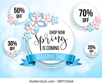 Spring season sale offer, banner template. Blue ribbon with lettering, isolated on blue dotted background. Feminine sale tag. Shop market poster design. Vector illustration. Elegant luxury design.