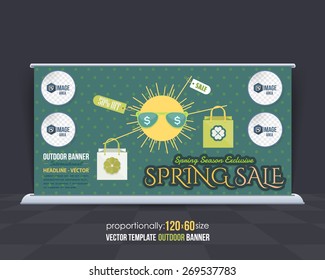 Spring Season Sale Theme Outdoor Banner Design, Advertising Template, Vector Spring Symbols