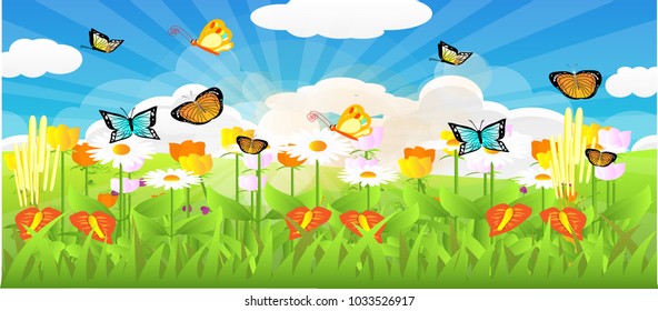 spring season scene flower plant , butterflies , sun ray with clouds blue sky, flower, tulip  flower , vector art and illustration.