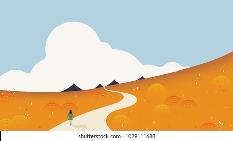 Spring season scenery landscape, girl walking through the road surrounded by flower field on the mountain