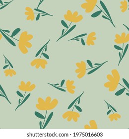 Spring season seamless pattern with hand drawn yellow flowers shapes. Blue pastel background. Graphic design for wrapping paper and fabric textures. Vector Illustration.