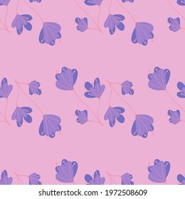 Spring season seamless pattern with purple abstract doodle flowers elements. Lilac background. Bloom print. Flat vector print for textile, fabric, giftwrap, wallpapers. Endless illustration.
