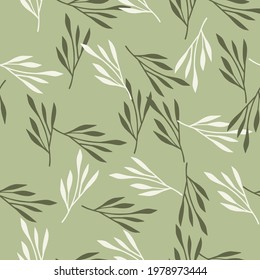 Spring season seamless pattern with random hand drawn leaf branches ornament. Light green background. Vector illustration for seasonal textile prints, fabric, banners, backdrops and wallpapers.
