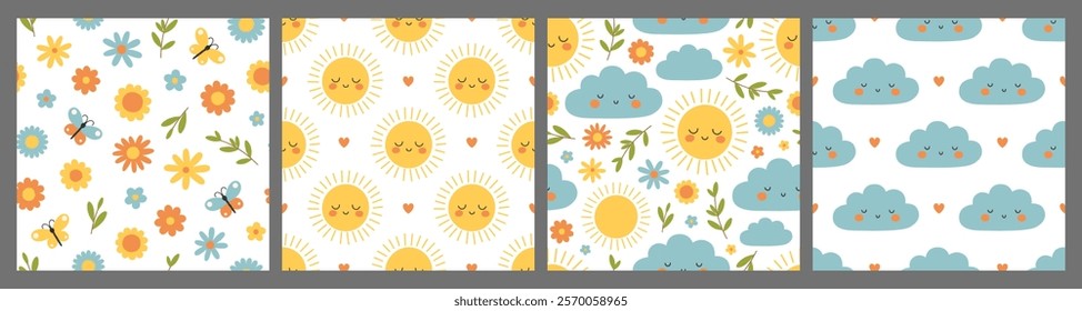 Spring season seamless patterns set. Collection of backgrounds with suns, clouds, flowers, branches and butterflies on white background. Vector flat illustration for wallpaper, textile, packaging