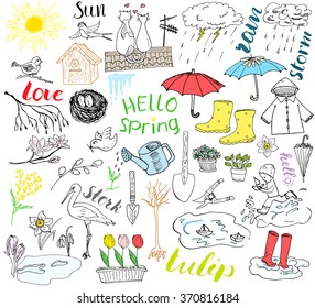 Spring season set doodles elements. Hand drawn sketch set with umbrella, rain, rubber boots, raincoat, flowers, garden tools, nest and birds. Drawing doodle collection, isolated on white background.
