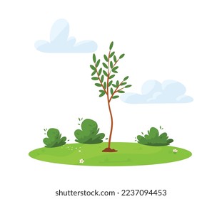 Spring season sticker or banner design, flat vector illustration isolated on white background. Spring flowering nature and seasonal landscape with tree.