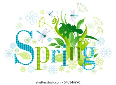 Spring season text lettering floral background. Beautiful nature, floral swirls, leafs, green grass, flower, blue dragonfly, isolated on white background. Horizontal field vector illustration