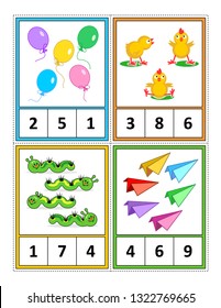 Spring season themed counting 1 to 10 practice for kids worksheet or four task cards (when cut along the dotted lines): Count. Circle the correct answer. - Language independent.