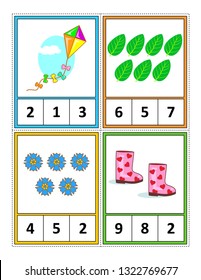 Spring season themed counting 1 to 10 practice for kids worksheet or four task cards (when cut along the dotted lines): Count. Circle the correct answer. - Language independent.