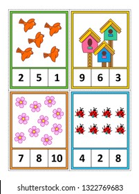 Spring season themed counting 1 to 10 practice for kids worksheet or four task cards (when cut along the dotted lines): Count. Circle the correct answer. - Language independent.