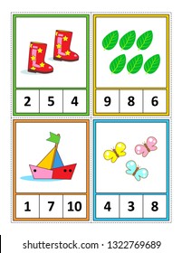 Spring season themed counting 1 to 10 practice for kids worksheet or four task cards (when cut along the dotted lines): Count. Circle the correct answer. - Language independent.