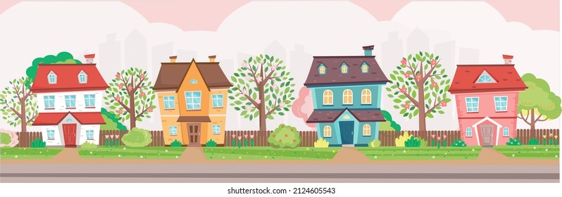 Spring season in the town. Colorful cottages surrounded by trees and bushes in blossom. Spring at town, village, suburb. Horizontal banner. Vector illustration in flat cartoon style. 