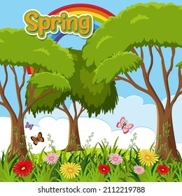 Spring season with trees and flower field background illustration
