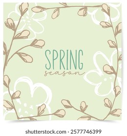 Spring season. Trendy design with spring flower and twigs with leaves. Great for seasonal posters, greeting cards, banners or invitations.