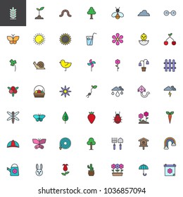 Spring season universal filled outline icons set, line vector symbol collection, linear colorful pictogram pack. 