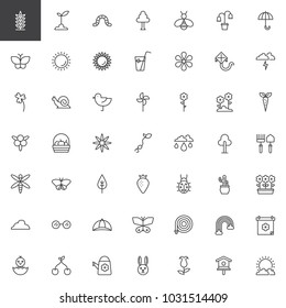Spring season universal outline icons set. linear style symbols collection, line signs pack. vector graphics. Set includes icons as plant, sprout, sun, chicken, windmill, sunflower, flowers, tree