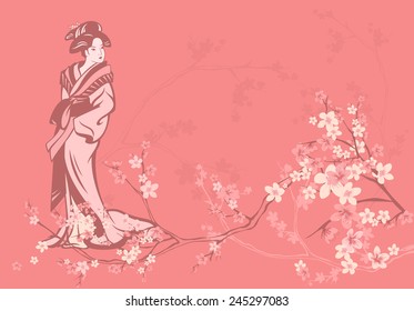 spring season vector background with beautiful Japanese geisha and sakura flowers