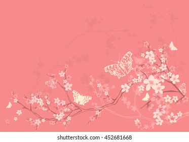 spring season vector background with butterflies flying among sakura tree flowers