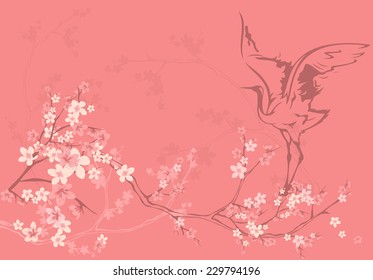 spring season vector background with crane bird among sakura tree flowers