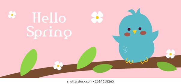 Spring season vector card. Creative hand-drawn banner for decoration spring events, Mother's Day, Easter. Beautiful floral posters with bird, leaves, flowers illustration template on pink background.