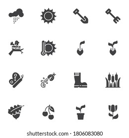 Spring season vector icons set, modern solid symbol collection, filled style pictogram pack. Signs, logo illustration. Set includes icons as gardening equipment, shovel and rake, seedling, rubber boot
