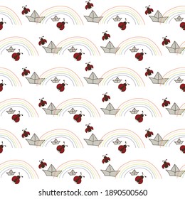 Spring season vector seamless pattern composed of rainbows. 
paper boats, ladybugs  