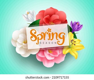 Diseño de plantilla vectorial de temporada de primavera. Texto primaveral en espacio vacío con fondo de camellia y flores de lirio para florecer mensajes de bienvenida de celebración estacional. Ilustración vectorial.
