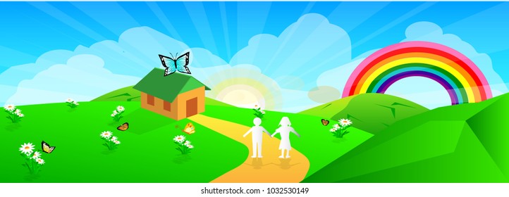 spring season view, happy home on green mountain with sum ray and rainbow background, plant flower and butterflies,  man and woman walking street to home.vector art and illustration.