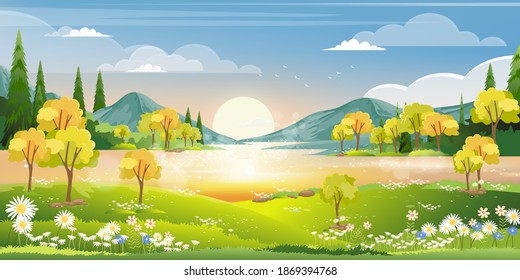 Spring season in village with lake, mountain, green meadow, orange and blue sky in evening,Vector  Countryside landscape, wild flower fields with reflection of sun rays on river in Summer morning 