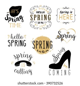 Spring season wallpaper, design element with lettering. Spring is here. It's spring time. Spring is calling. Hello spring. The season of love. Spring is coming. Spring is in the air. Isolated on white
