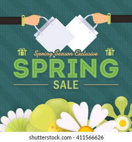 Spring Season Web Banner Design, Hands Hold Shopping Bag Illustration, Flat Style Spring Sale Ad