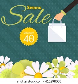 Spring Season Web Banner Design, Hands Hold Shopping Bag Illustration, Flat Style Spring Sale Ad
