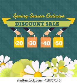 Spring Season Web Banner Design, Hands Hold Shopping Bag Illustration, Flat Style Spring Sale Ad