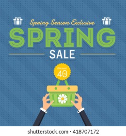 Spring Season Web Banner Design, Hands Hold Shopping Bag Illustration, Flat Style Spring Sale Ad