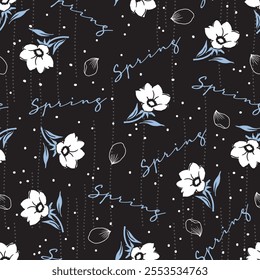 Spring Season with White Petal Flowers on Dark. perfect for fashion, home decor, and stationery products. ideal for fabric prints, wallpaper, digital backgrounds, and more