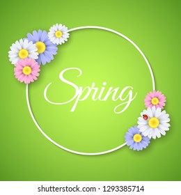Spring seasonal banner. Paper round 3d frame. Multicolored realistic flowers on a green backdrop. Ladybug on a daisy. Vector illustration. EPS 10
