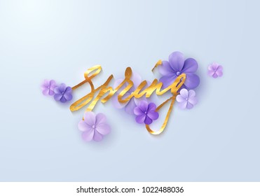 Spring. Seasonal cover design. Vector floral illustration with golden handwritten lettering and purple paper flowers. Vintage decoration for poster or banner design