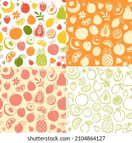 Spring seasonal fruits seamless pattern collection. Colorful, flat silhouette and doodle style. Vector illustration.