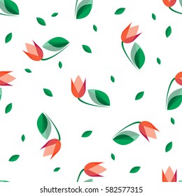 Spring seasonal seamless background of vector tulips and green petals.