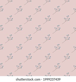 Spring seasonal seamless pattern with diagonal simple berries ornament. Pastel pale pink background. Perfect for fabric design, textile print, wrapping, cover. Vector illustration.