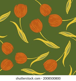 Spring seasonal seamless pattern with orange random tulip buds flowers. Green bright background. Decor artwork. Flat vector print for textile, fabric, giftwrap, wallpapers. Endless illustration.